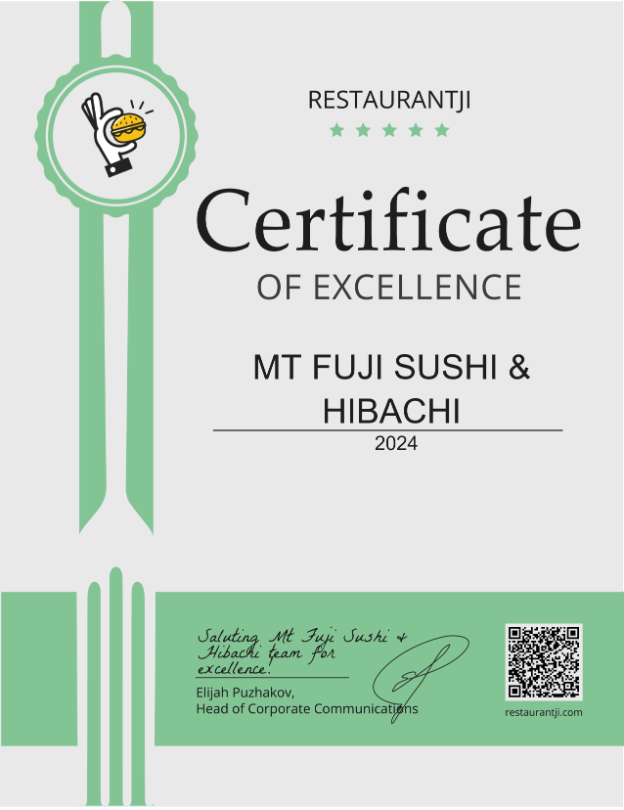Restaurantji Certificate of Excellence 2024 awarded to Mt Fuji Sushi & Hibachi in Greeley, Colorado
